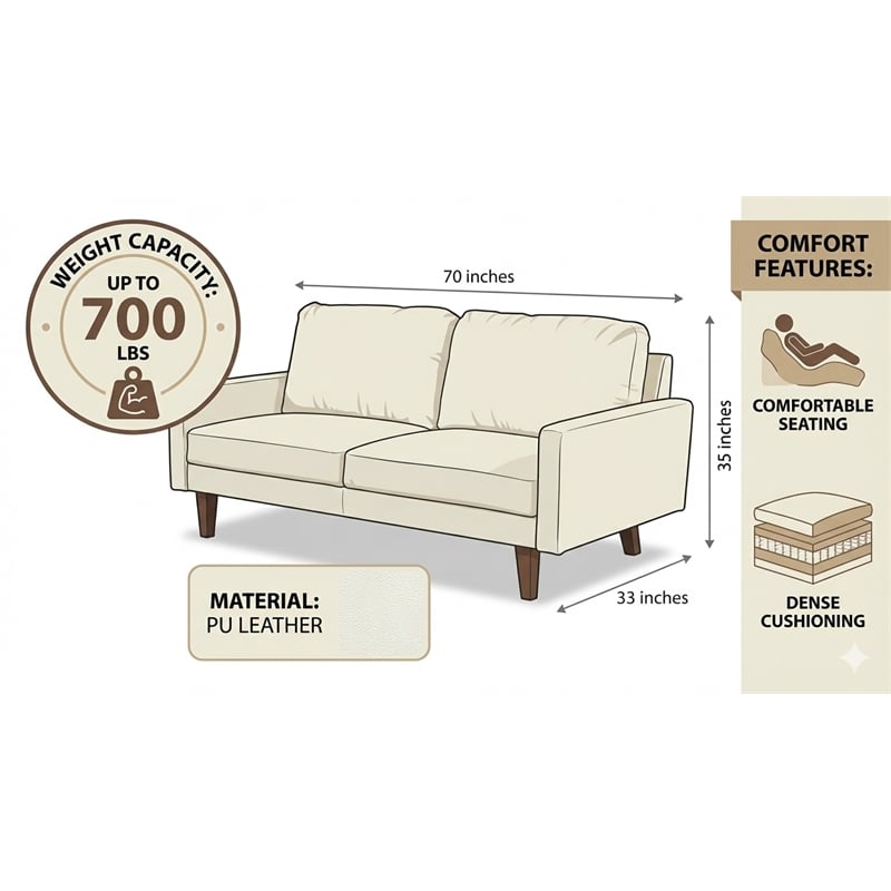 Pemberly Row Faux Leather Sofa Mid-Century Couch for Living Room/Office-Brown