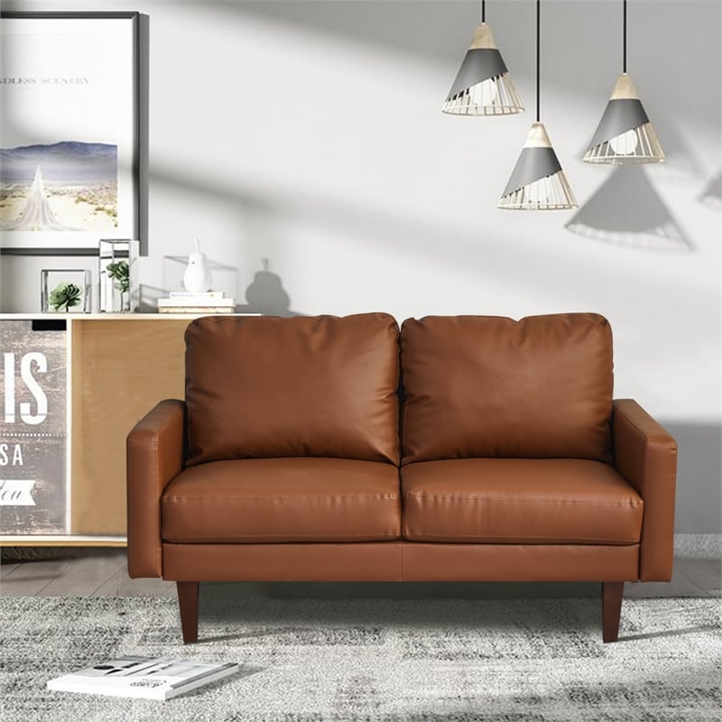 Pemberly Row Faux Leather Loveseat Modern Sofa for Living Room/Office in Brown