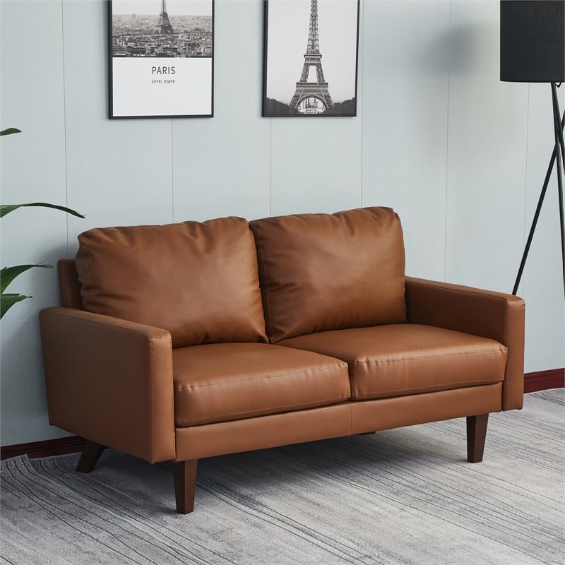 Pemberly Row Faux Leather Loveseat Modern Sofa for Living Room/Office in Brown