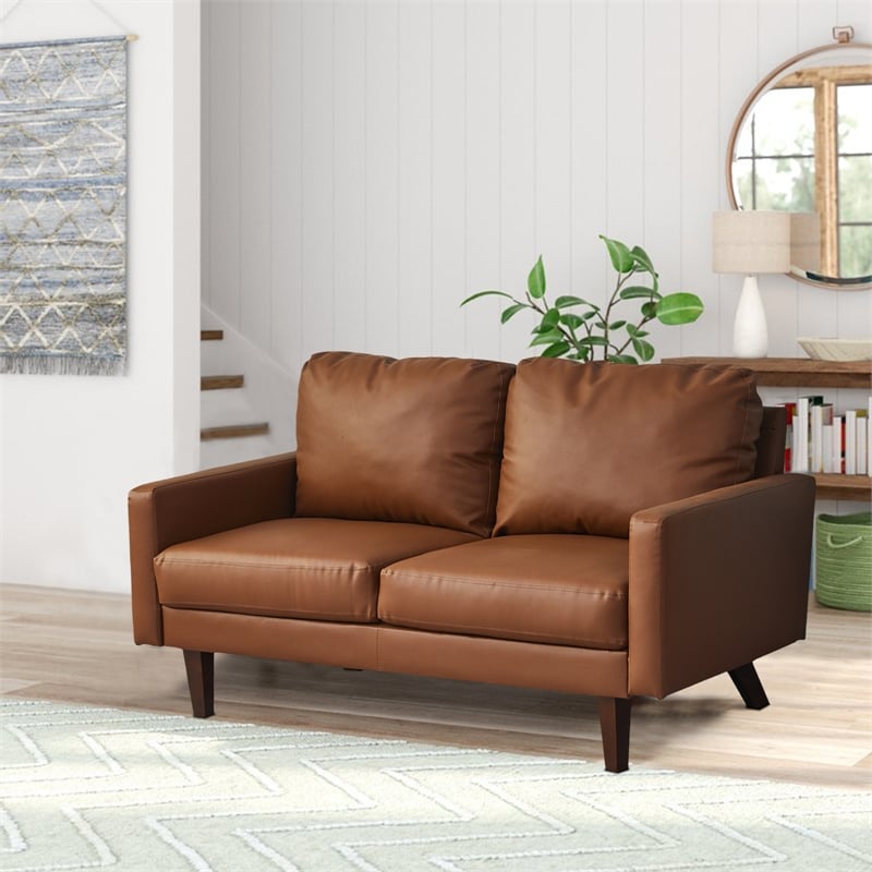 Pemberly Row Faux Leather Loveseat Modern Sofa for Living Room/Office in Brown
