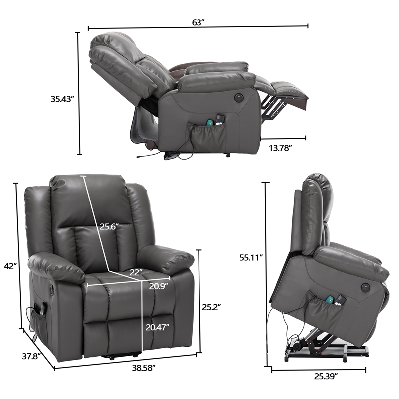 Pemberly Row Leather Lift Assist Recliner Chair with Heat and Massage Dark Gray