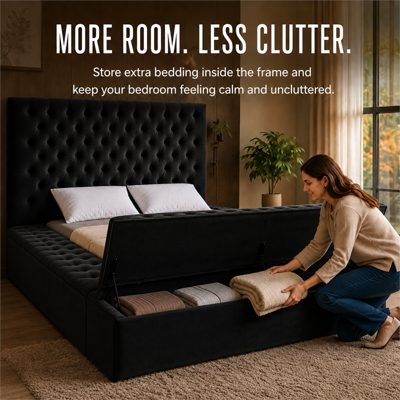 Pemberly Row Modern Solid Wood Tufted Velvet King Bed in Black