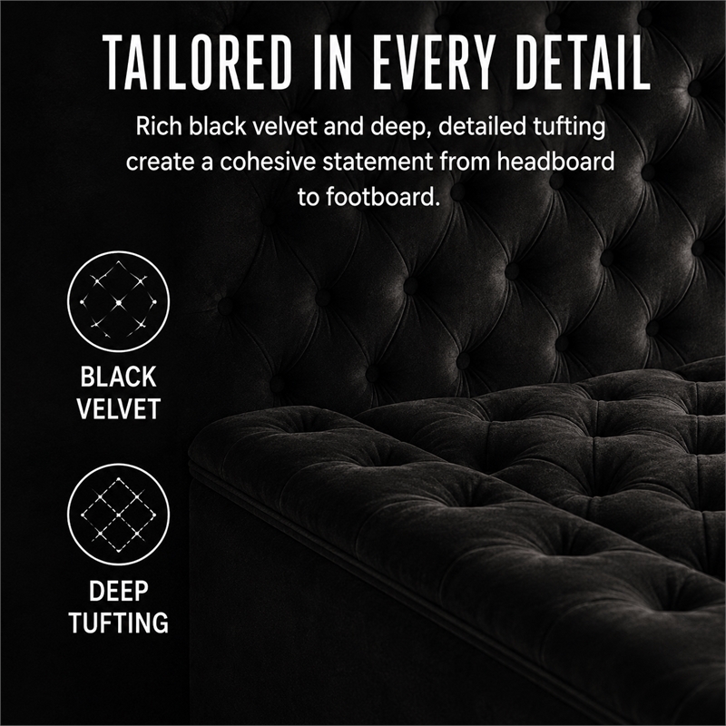 Pemberly Row Modern Solid Wood Tufted Velvet King Bed in Black