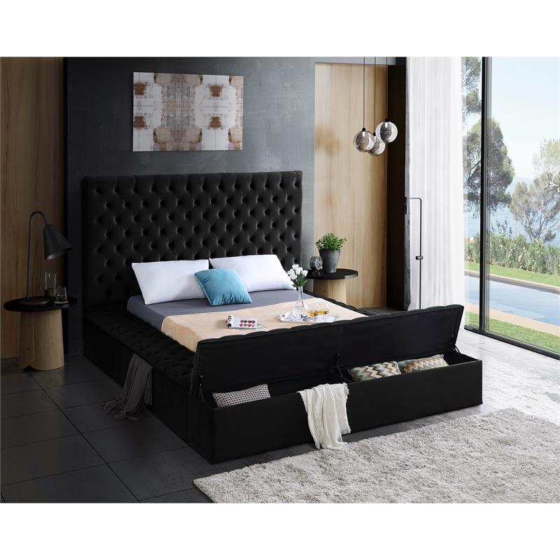 Pemberly Row Modern Solid Wood Tufted Velvet Queen Bed in Black