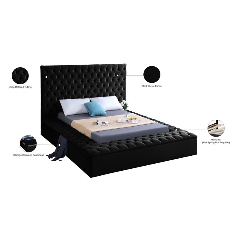 Pemberly Row Modern Solid Wood Tufted Velvet Queen Bed in Black