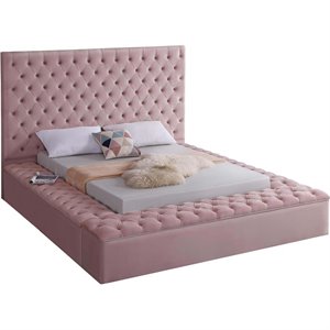Pemberly Row Modern Solid Wood Tufted Velvet Full Bed in Pink