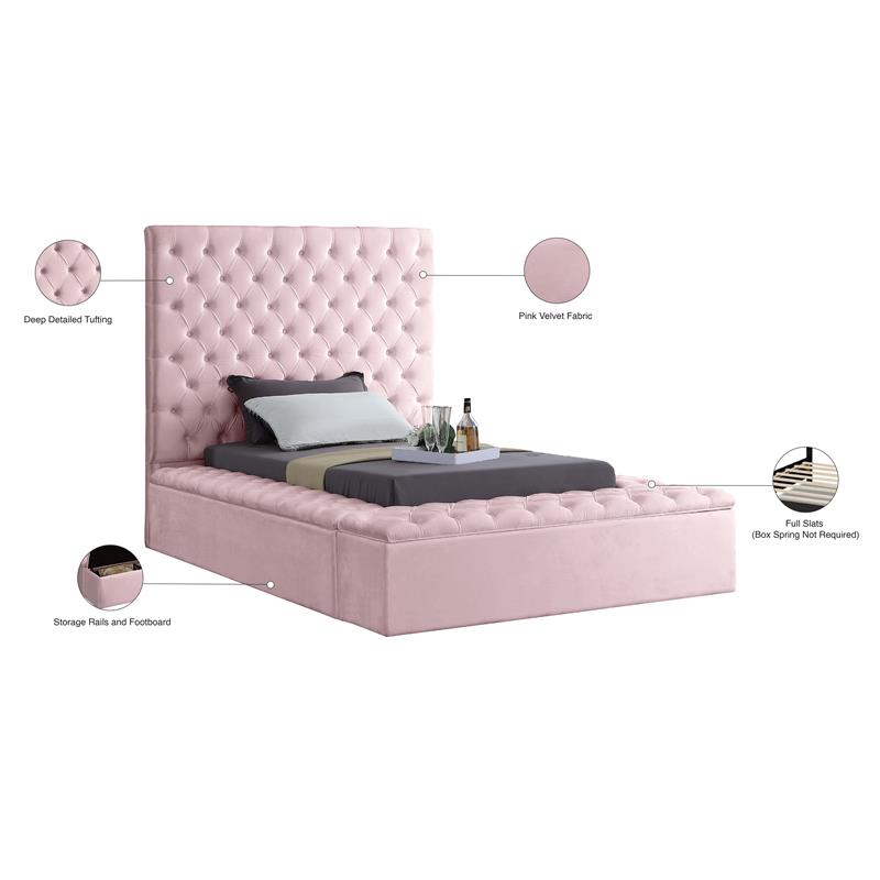 Pemberly Row Modern Solid Wood Tufted Velvet Twin Bed in Pink