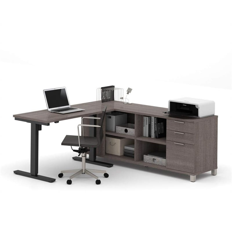 Pemberly Row Pro Linea L Shape Power Adjustable Table in Bark Gray