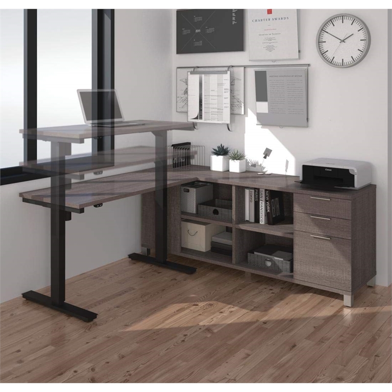 Pemberly Row Pro Linea L Shape Power Adjustable Table in Bark Gray