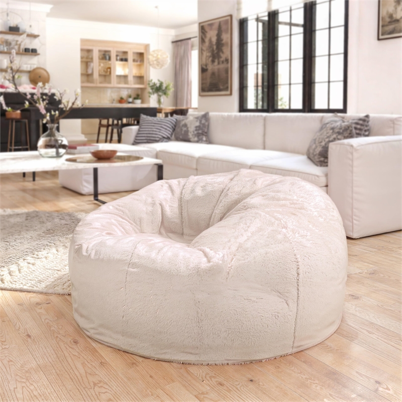 Pemberly Row Modern Oversized Faux Fur Bean Bag Chair in White