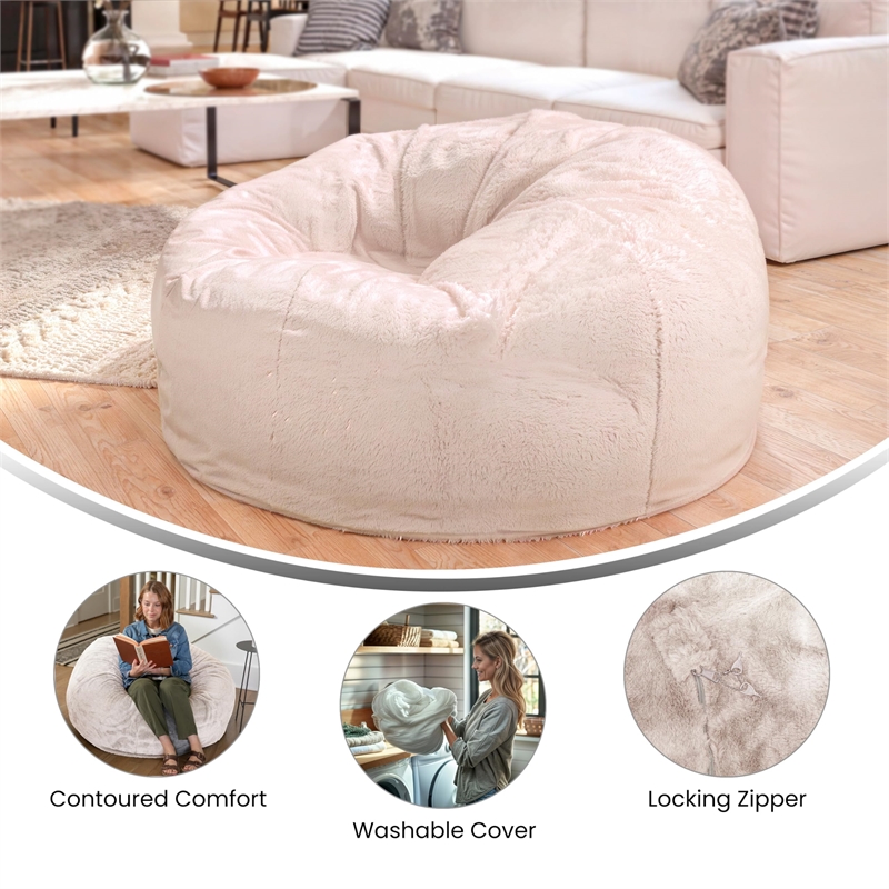 Pemberly Row Modern Oversized Faux Fur Bean Bag Chair in White