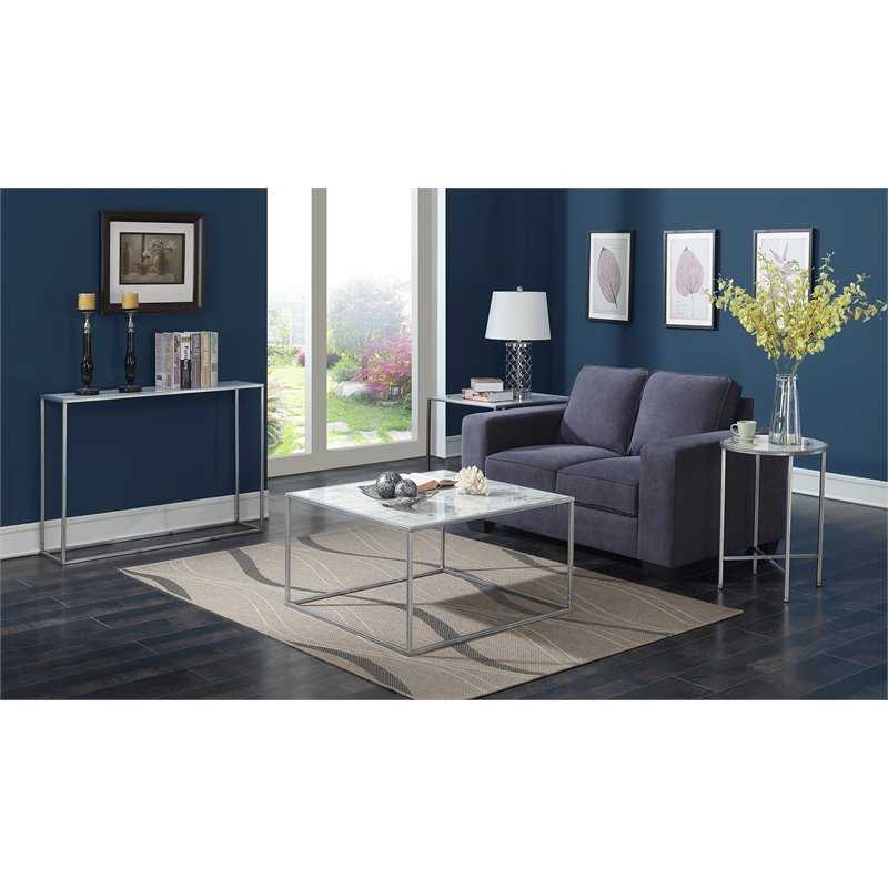 Pemberly Row Modern Faux Marble Coffee Table in Silver Metal Frame