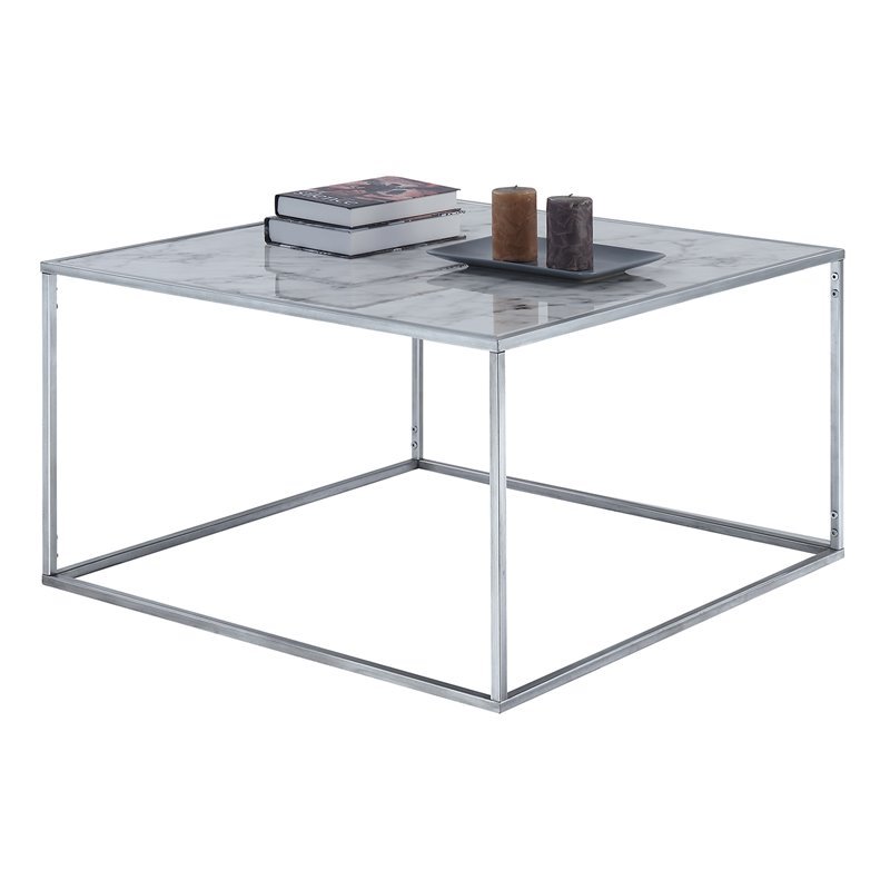 Pemberly Row Modern Faux Marble Coffee Table in Silver Metal Frame