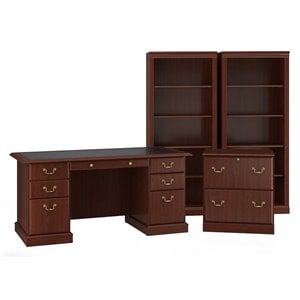 Pemberly Row Modern Executive Desk Office Suite in Harvest Cherry