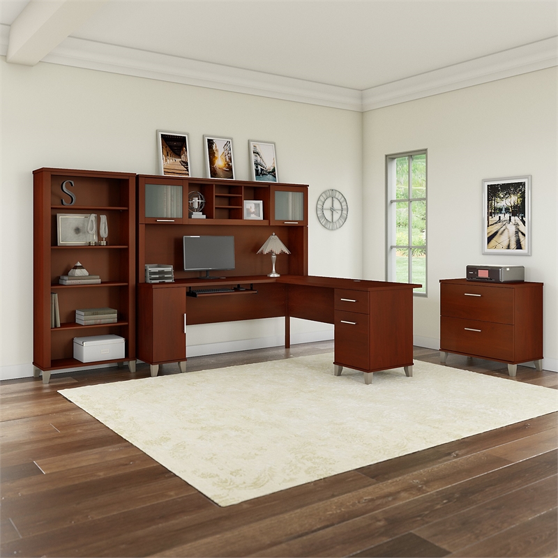 Pemberly Row 72W L Shaped Desk Office Suite in Cherry - Engineered Wood