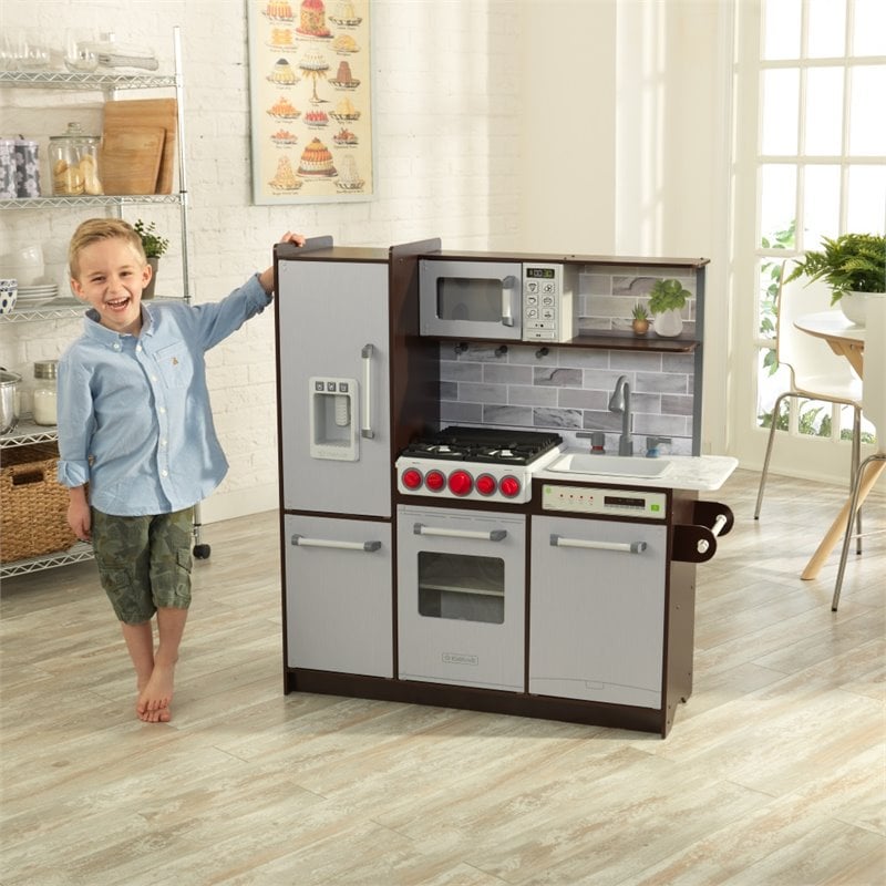 Pemberly Row Modern Uptown Elite Play Kitchen in Espresso and Gray