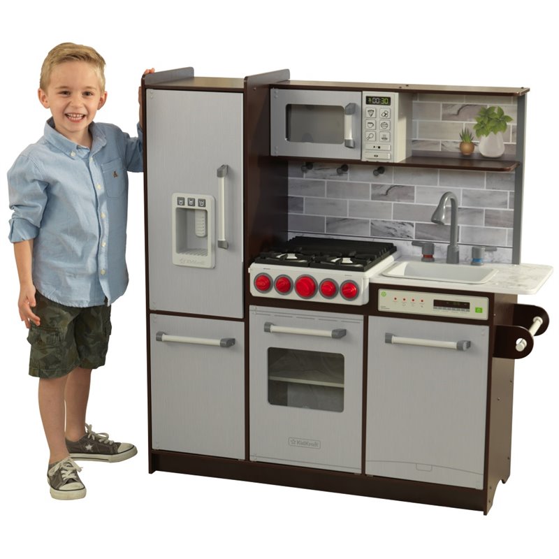 Pemberly Row Modern Uptown Elite Play Kitchen in Espresso and Gray
