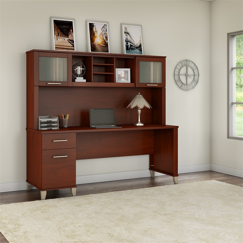 Pemberly Row 72W Office Desk with Hutch in Hansen Cherry - Engineered Wood
