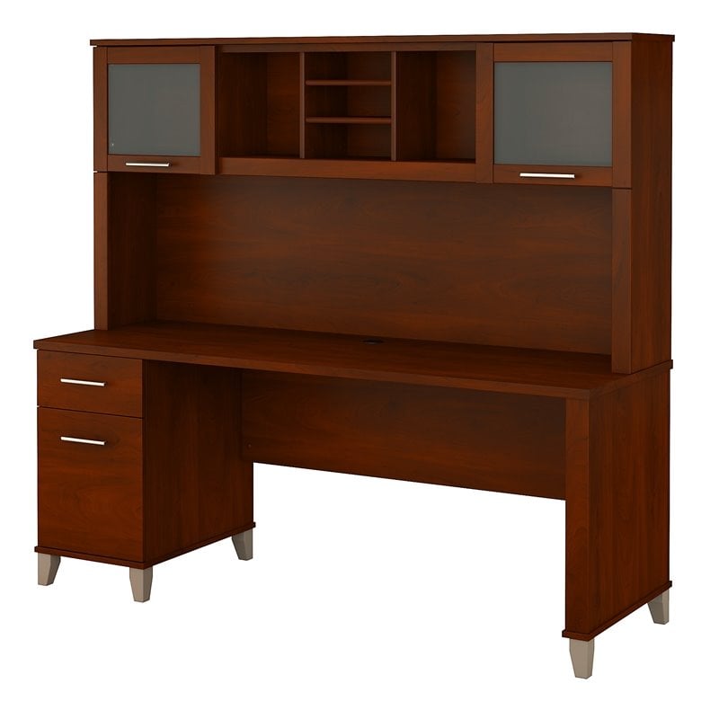 Pemberly Row 72W Office Desk with Hutch in Hansen Cherry - Engineered Wood