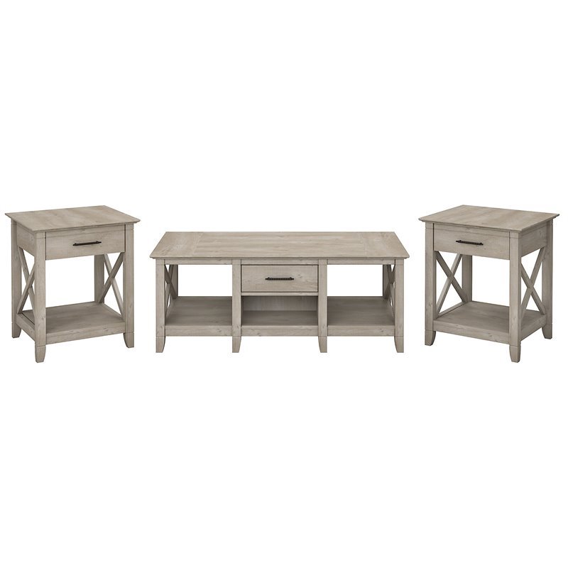 Pemberly Row Coffee Table with Set of 2 End Tables in Washed Gray