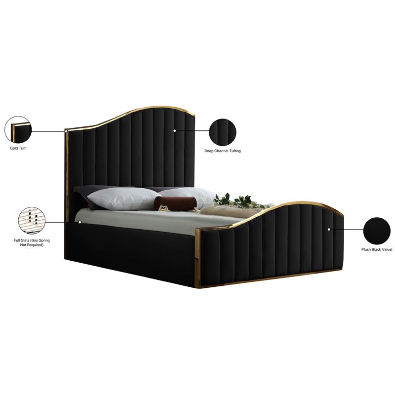 Pemberly Row Modern Solid Wood and Velvet Queen Bed in Black