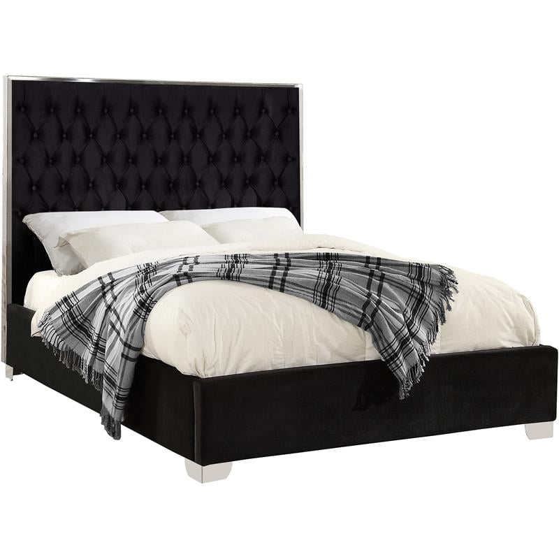 Pemberly Row Contemporary Solid Wood and Velvet Full Bed in Black