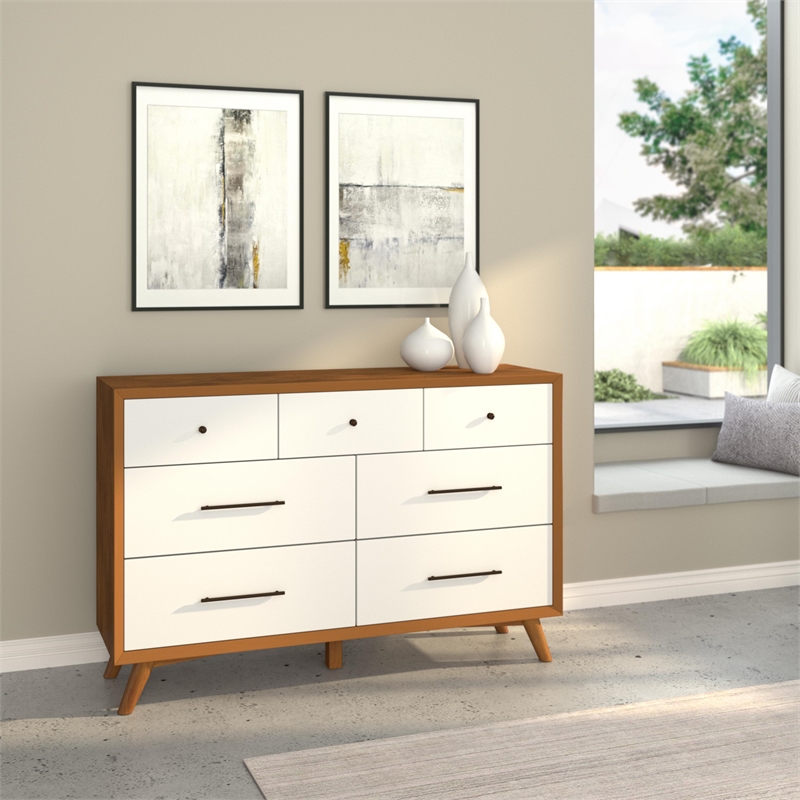 Pemberly Row Modern 7 Drawer Two Tone Wood Dresser in Acorn-White