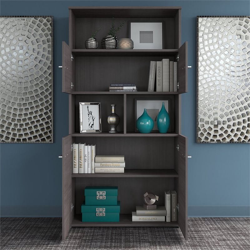 Pemberly Row 5 Shelf Bookcase with Doors in Storm Gray - Engineered Wood