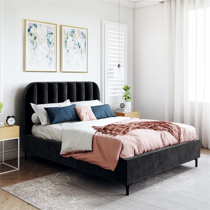 Pemberly Row Contemporary Upholstered Queen Bed in Black Velvet