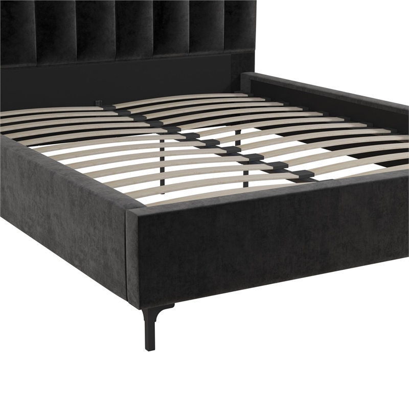 Pemberly Row Contemporary Upholstered Queen Bed in Black Velvet