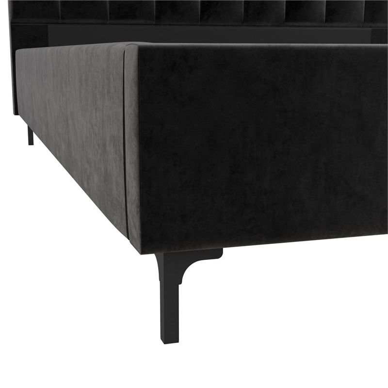 Pemberly Row Contemporary Upholstered Queen Bed in Black Velvet