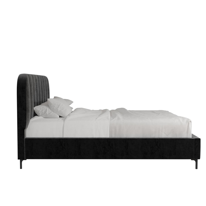Pemberly Row Contemporary Upholstered Queen Bed in Black Velvet