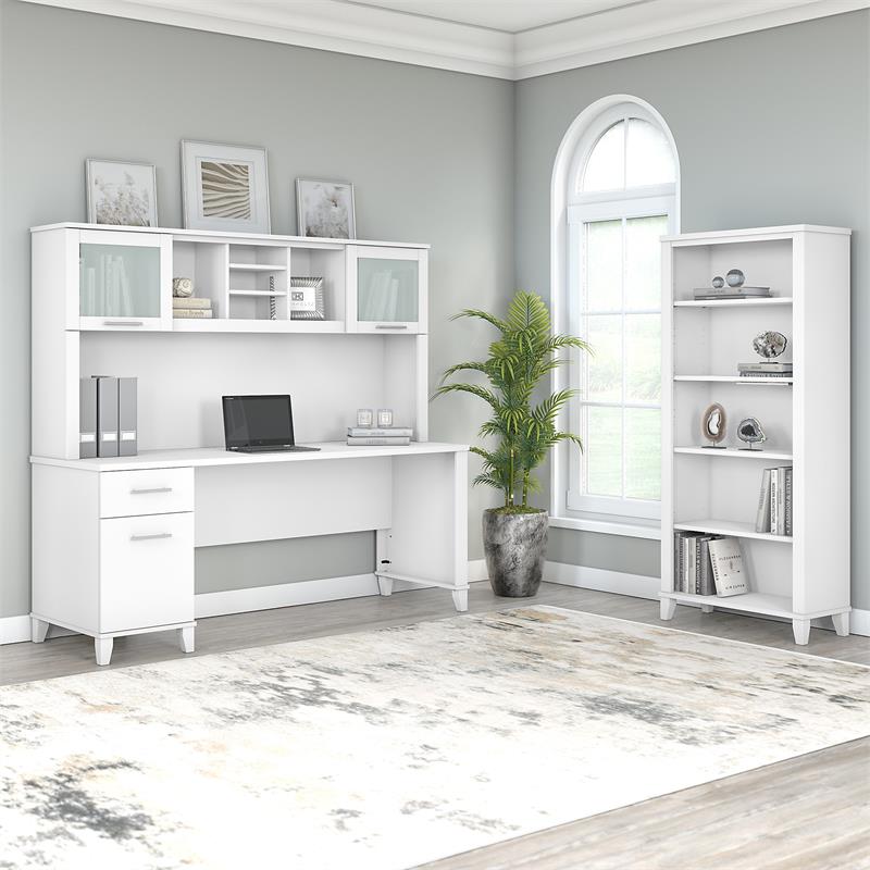 Pemberly Row 72W Desk with Hutch and Bookcase in White - Engineered Wood