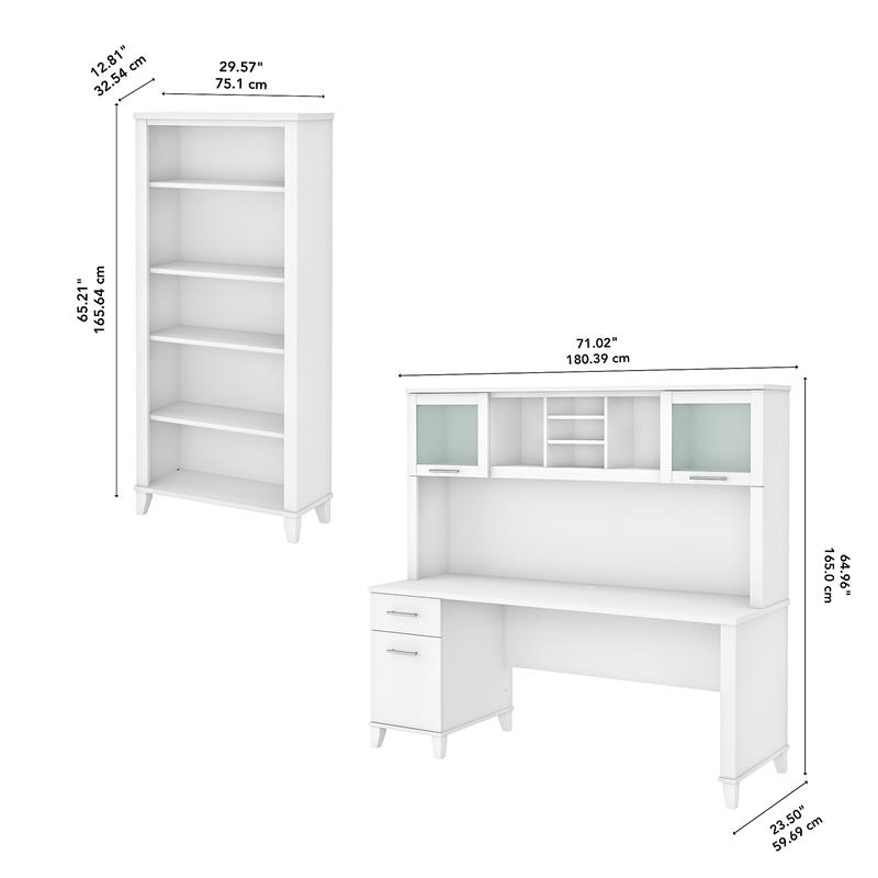 Pemberly Row 72W Desk with Hutch and Bookcase in White - Engineered Wood