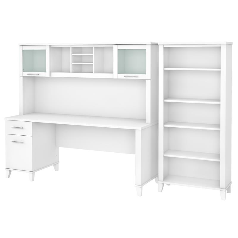 Pemberly Row 72W Desk with Hutch and Bookcase in White - Engineered Wood