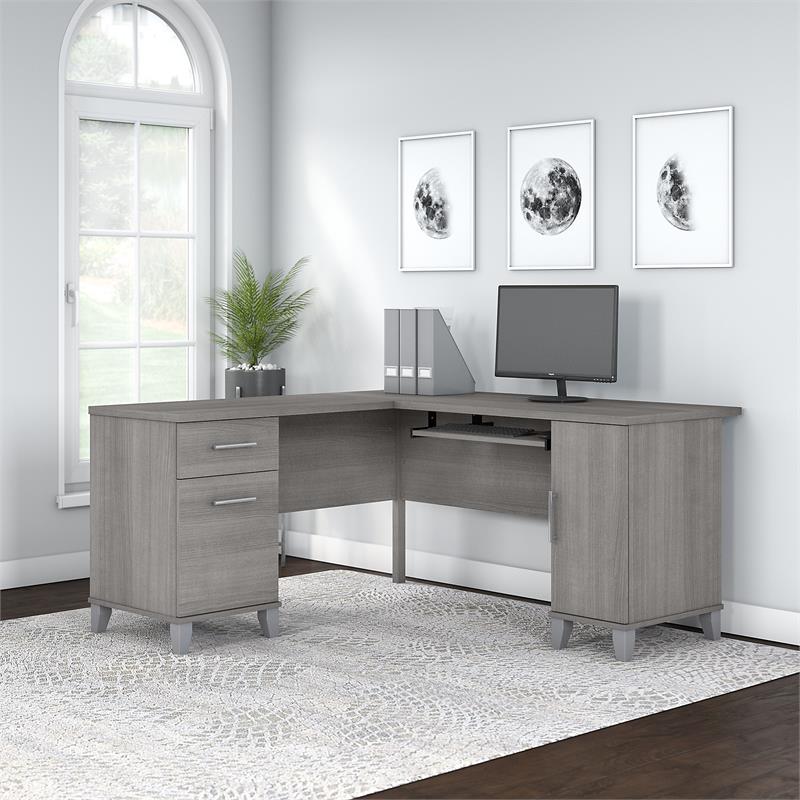 Pemberly Row 60W L Shaped Desk with Storage in Platinum Gray - Engineered Wood