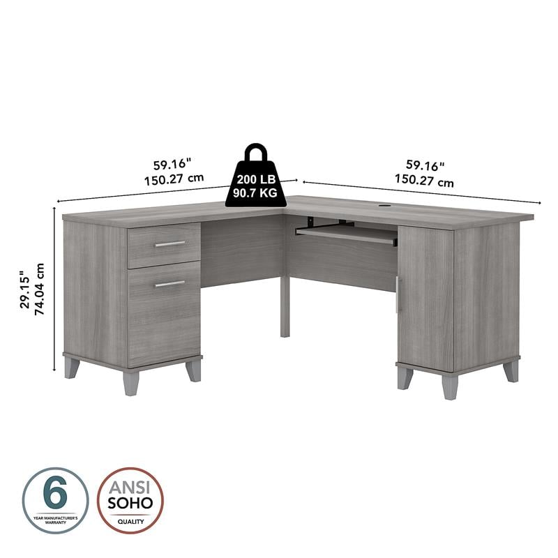 Pemberly Row 60W L Shaped Desk with Storage in Platinum Gray - Engineered Wood