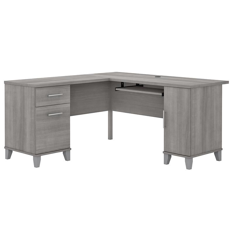 Pemberly Row 60W L Shaped Desk with Storage in Platinum Gray - Engineered Wood