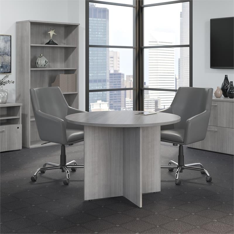 Pemberly Row 42W Round Conference Table with Wood Base in Platinum Gray - Wood