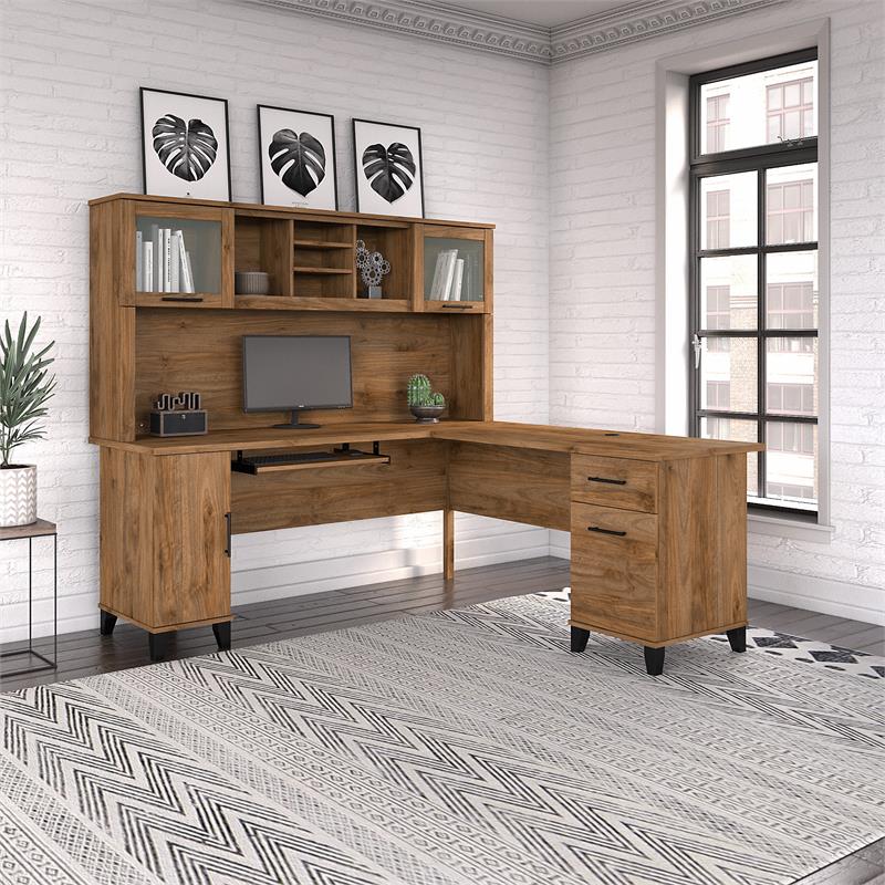 Pemberly Row 72W L Shaped Desk with Hutch in Fresh Walnut - Engineered Wood