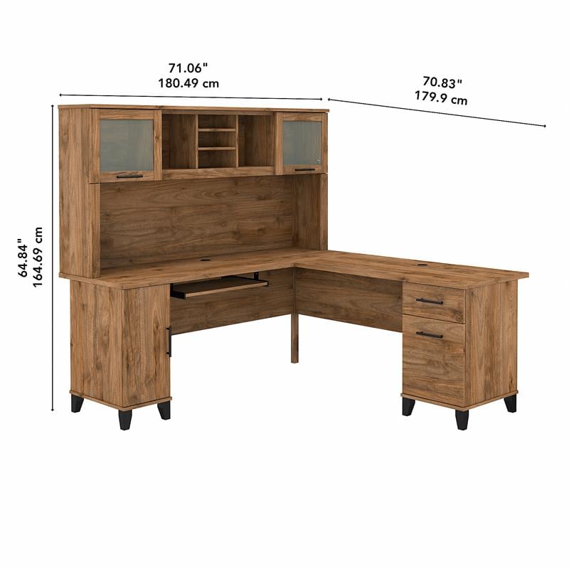 Pemberly Row 72W L Shaped Desk with Hutch in Fresh Walnut - Engineered Wood