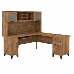 Pemberly Row 72W L Shaped Desk with Hutch in Fresh Walnut - Engineered Wood