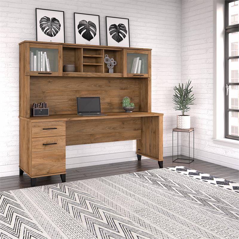 Pemberly Row 72W Desk with Drawers & Hutch in Fresh Walnut - Engineered Wood