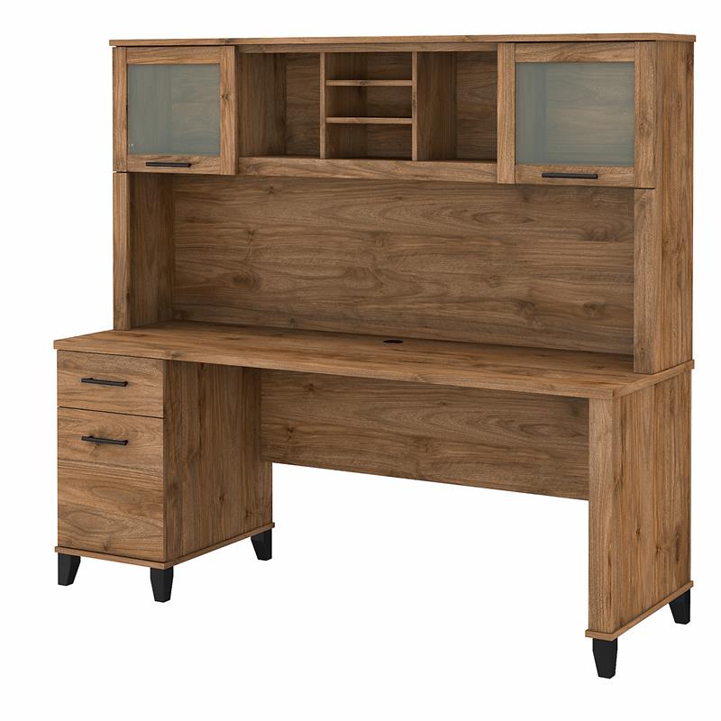 Pemberly Row 72W Desk with Drawers & Hutch in Fresh Walnut - Engineered Wood