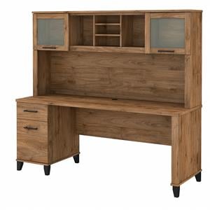 Pemberly Row 72W Desk with Drawers & Hutch in Fresh Walnut - Engineered Wood