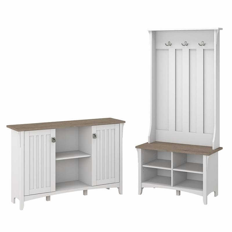 Pemberly Row Hall Tree with Shoe Bench & Cabinet in White/Shiplap - Wood