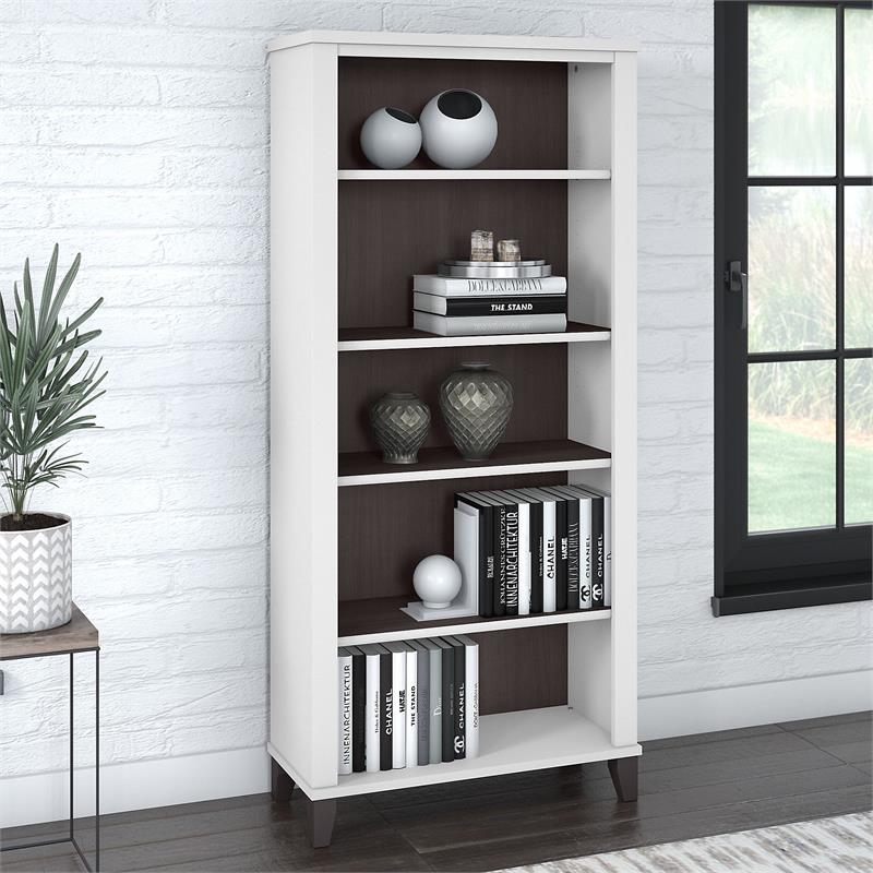 Pemberly Row Tall 5 Shelf Bookcase in White and Storm Gray - Engineered Wood
