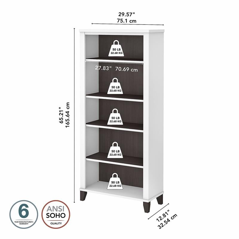 Pemberly Row Tall 5 Shelf Bookcase in White and Storm Gray - Engineered Wood