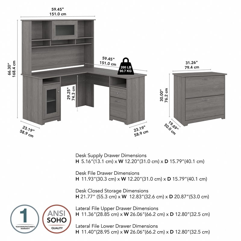 Pemberly Row L Desk with Hutch and File Cabinet in Modern Gray - Engineered Wood