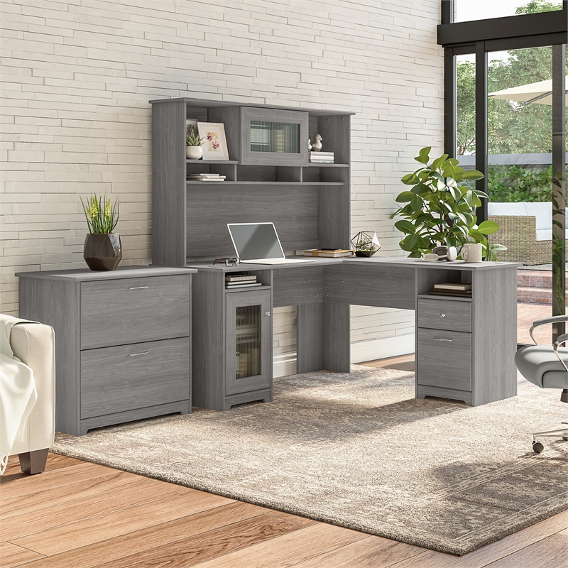 Pemberly Row L Desk with Hutch and File Cabinet in Modern Gray - Engineered Wood
